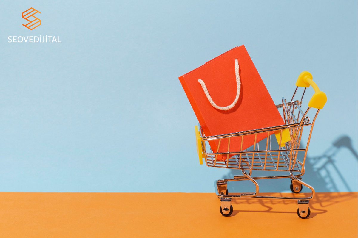 e-ticaret danışmanlık hizmeti - alışveriş sepeti ve paketle sembolize edilmiş e-ticaret görseli